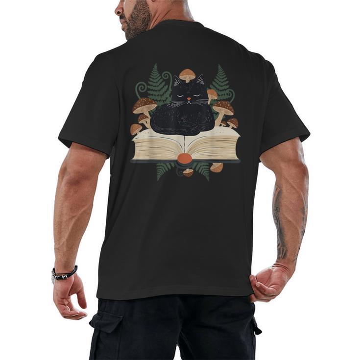 Cat On Open Book Mushrooms Ferns Dark Academia Men's Back Print T-Shirt