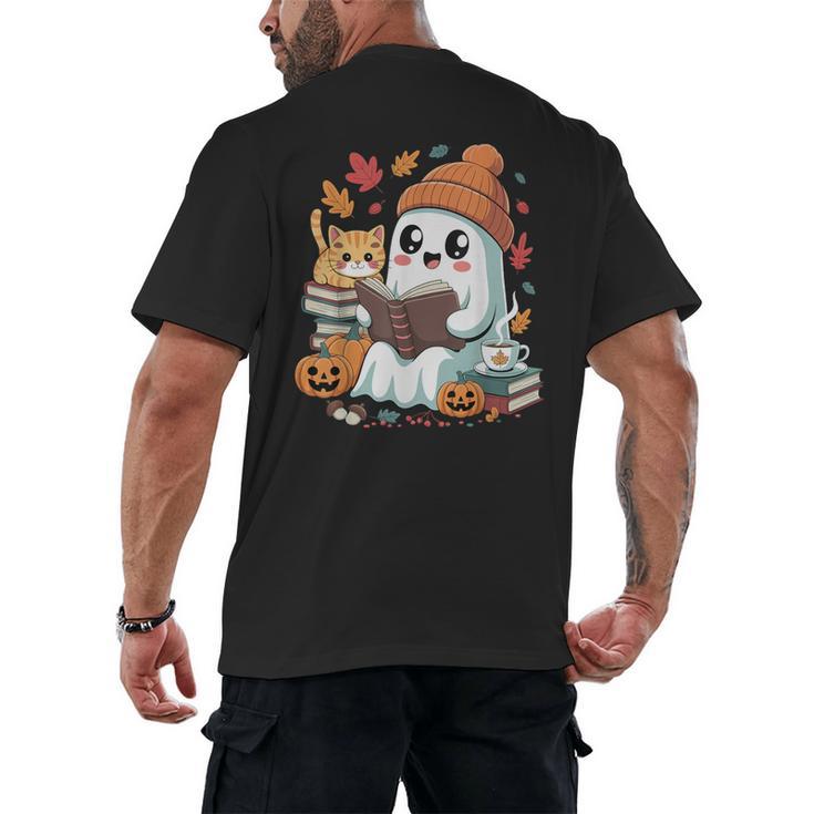 Cute Cozy Ghost Reading With Cat Book Lover Autumn Fall Men's Back Print T-Shirt