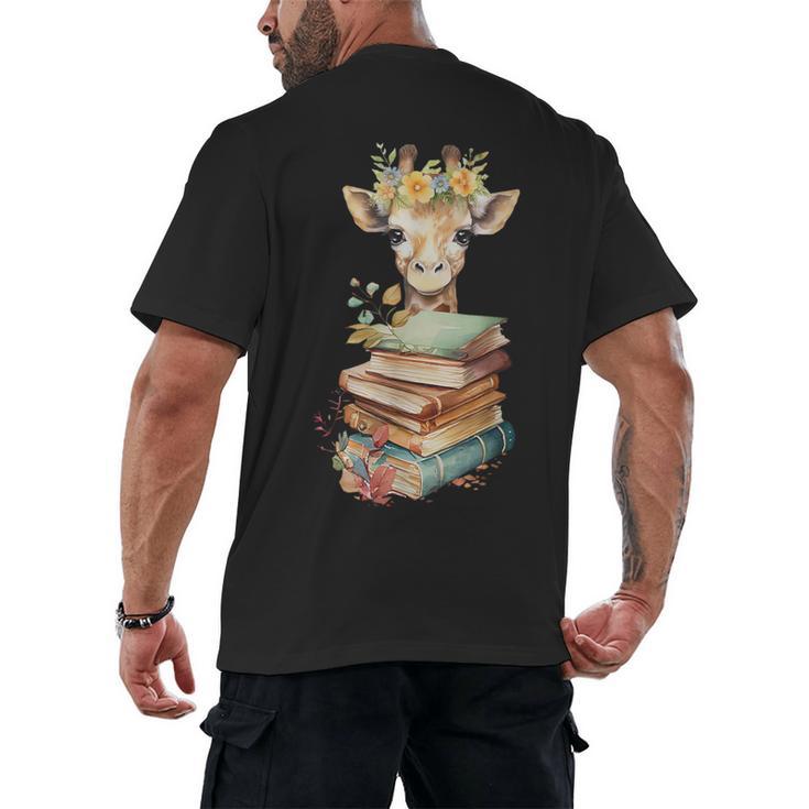 Cute Giraffe With Book Floral Bookworm Librarian Book Lover Men's Back Print T-Shirt