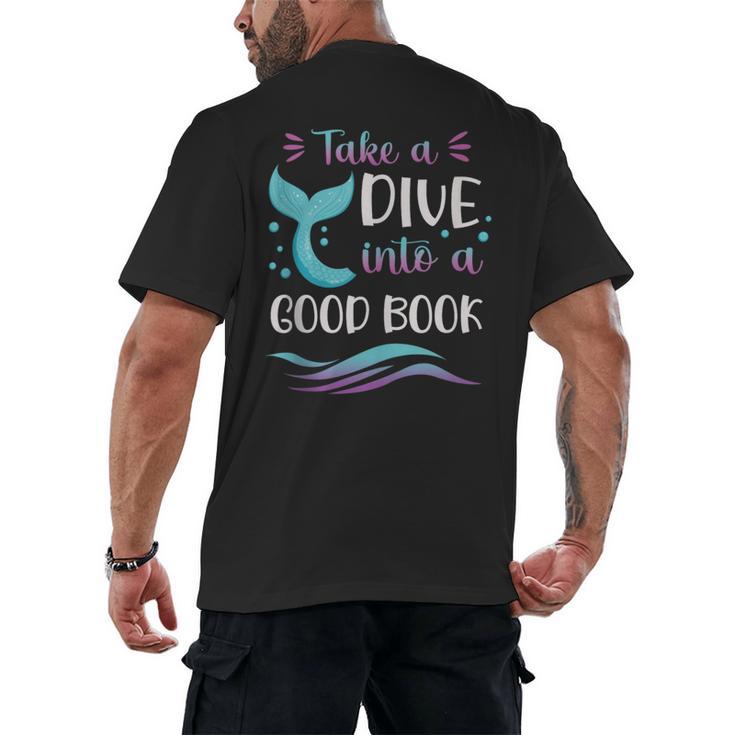 Cute Mermaid Librarian Teacher Dive Into A Good Book Reading Men's Back Print T-Shirt