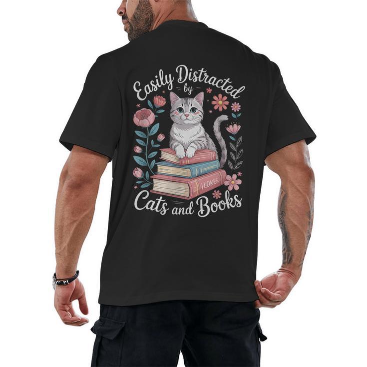 Easily Distracted By Cats And Books Reading Men's Back Print T-Shirt