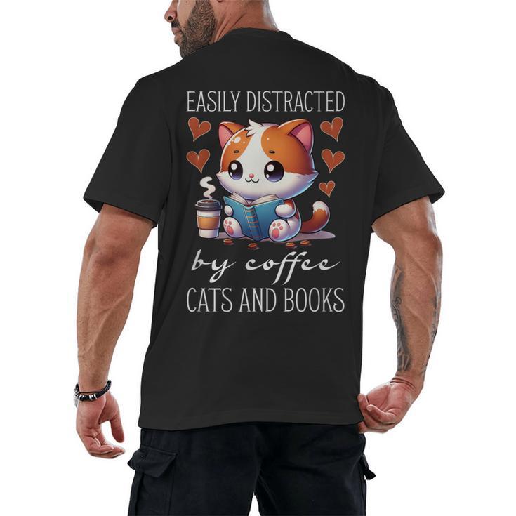Easily Distracted By Coffee Cats And Books Men's Back Print T-Shirt