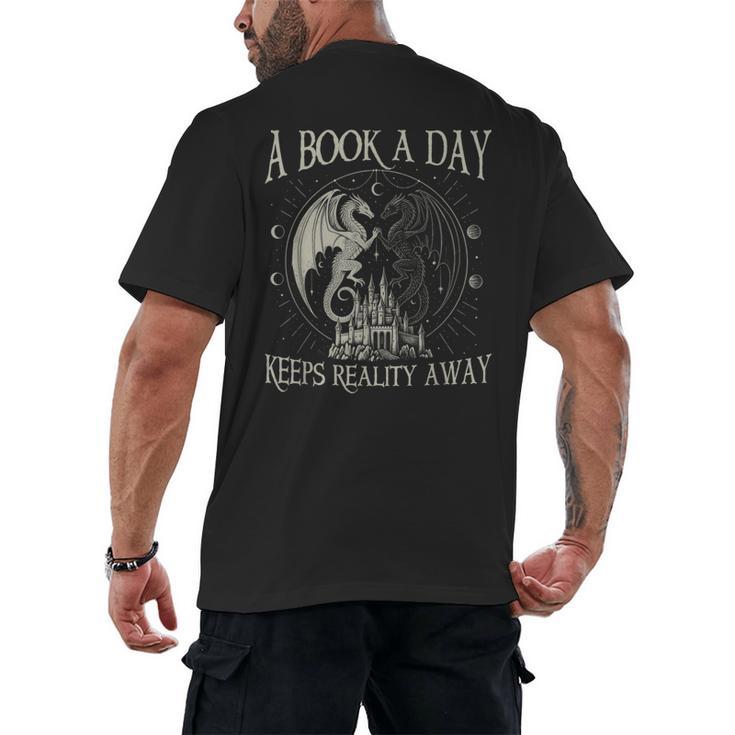 Fantasy Book Club Dragon Reader Book A Day Keep Reality Away Men's Back Print T-Shirt