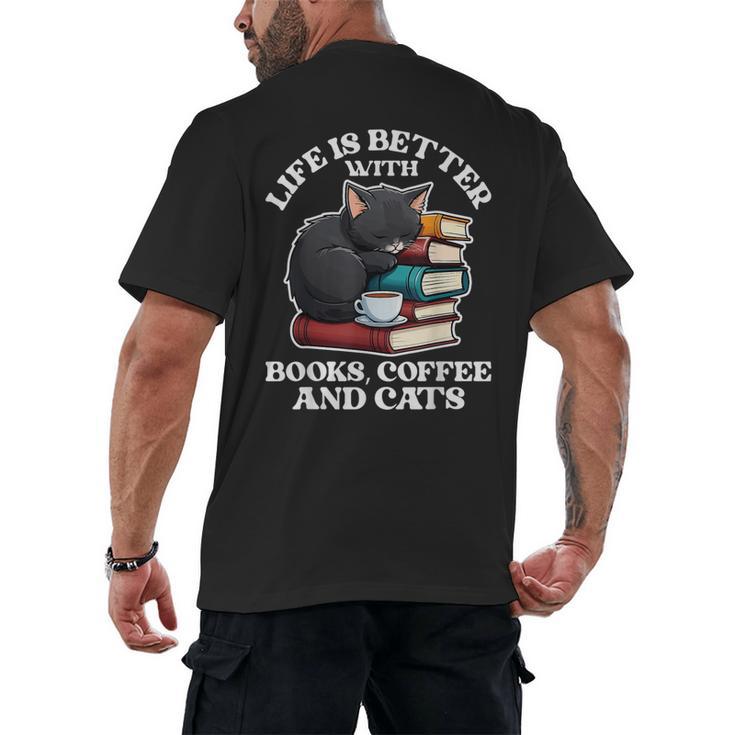Life Is Better With Books Cats & Coffee Librarian Book Lover Men's Back Print T-Shirt
