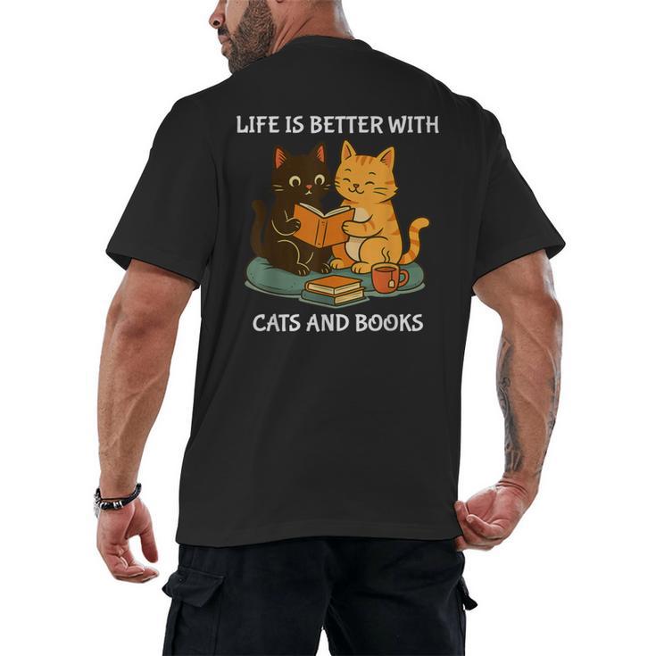 Life Is Better With Cats And Books Cute Cat Lover Men's Back Print T-Shirt
