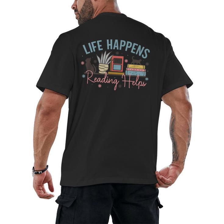 Life Happens Reading Helps Loves To Read Books Cats Men's Back Print T-Shirt