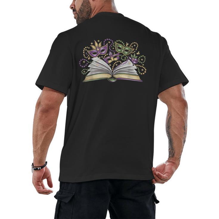 Mardi Gras Book Librarian Author Purple Beads Men's Back Print T-Shirt