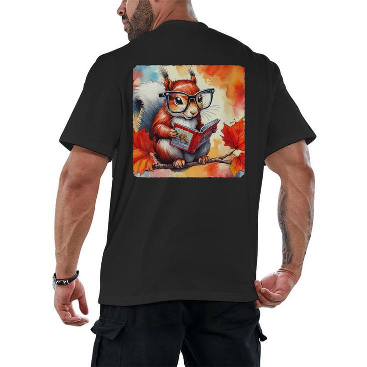 Squirrel Reading Comic Book On Autumn Branch Glasses Leaves Men's Back Print T-Shirt