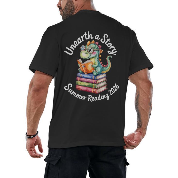 Unearth a Story Summer Reading 2026 Book Lover Dino Fun Men's Back Print T-Shirt