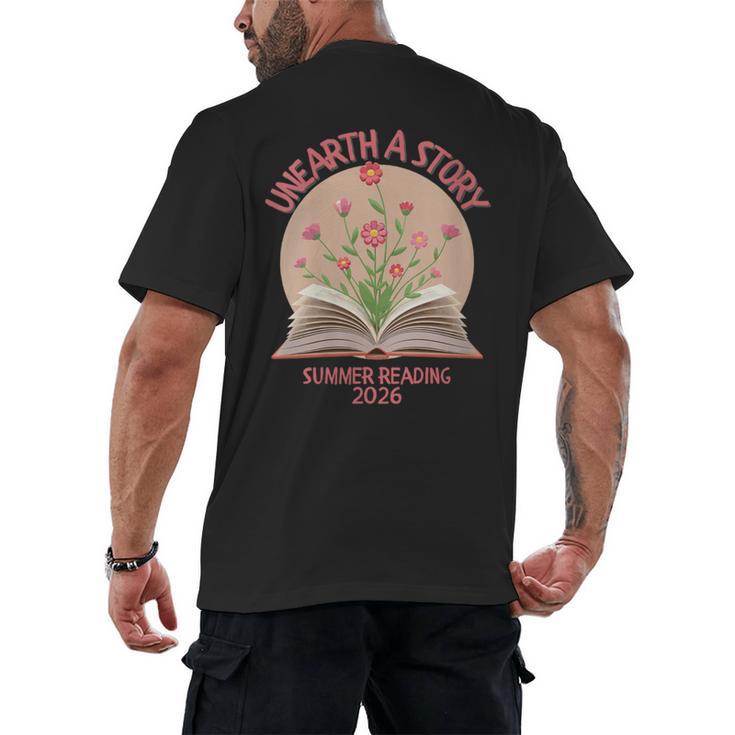 Women's Unearth a Story 2026 Summer Reading Program Flowers Book Men's Back Print T-Shirt