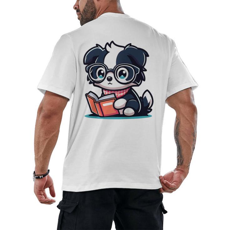 Adorable Book Lover Border Collie With Reading Glasses Cute Raglan Baseball Tee Men's Back Print T-Shirt