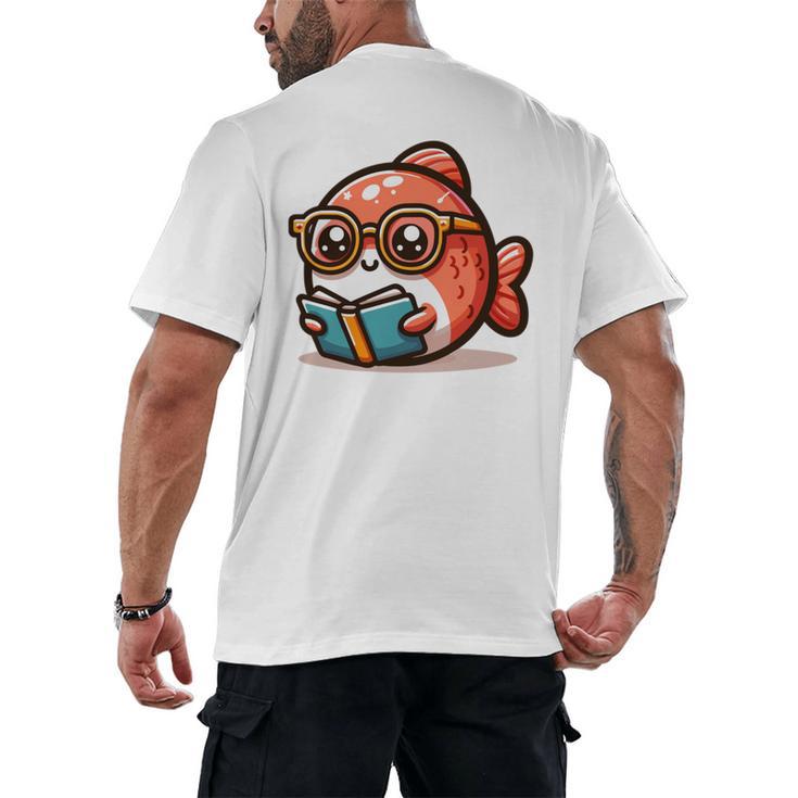 Adorable Book Lover Salmon With Reading Glasses Cute Men's Back Print T-Shirt