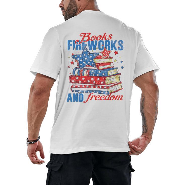 Books Fireworks And Freedom 4th Of July Book Lover Men's Back Print T-Shirt