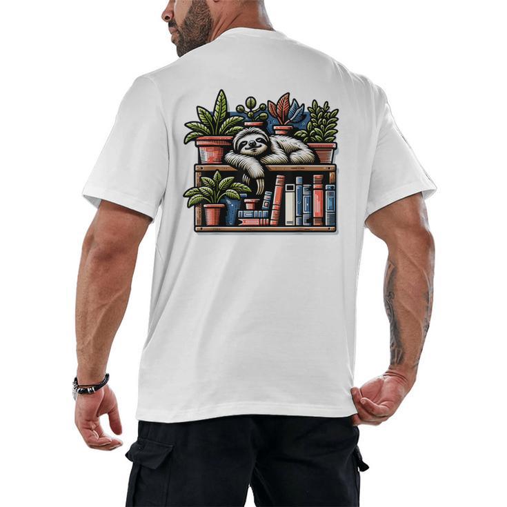 Cosy Sloth In Bookshelf With Plants Men's Back Print T-Shirt
