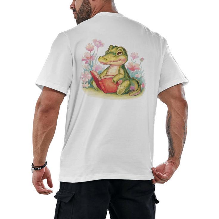 Crocodile Reading Book Watercolor Flowers Kids Men's Back Print T-Shirt