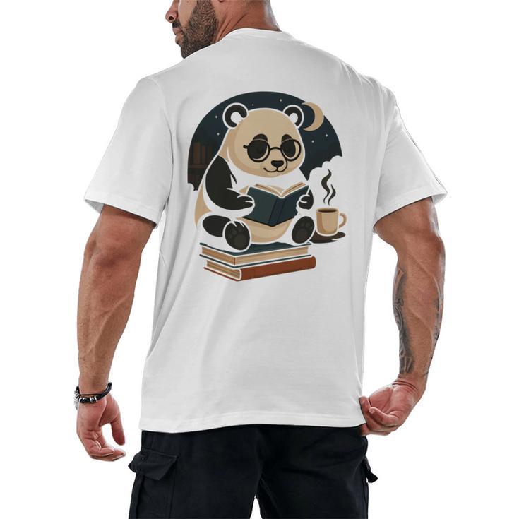 Cute Panda Reading Book Under Moon Bookworm Coffee Lover Men's Back Print T-Shirt