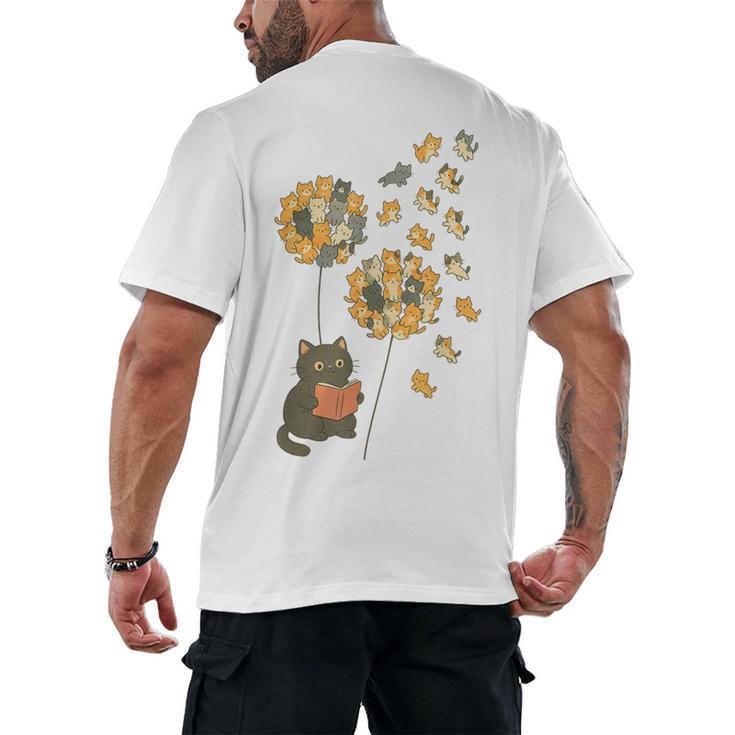 Cute Reading Cat With Kitten Dandelion Flowers Book Lover Men's Back Print T-Shirt