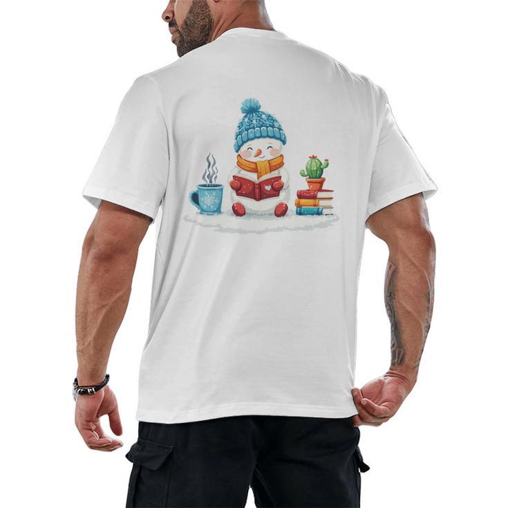 Cute Winter Cozy Snowman Reading Book Lovers Xmas Snowman Men's Back Print T-Shirt