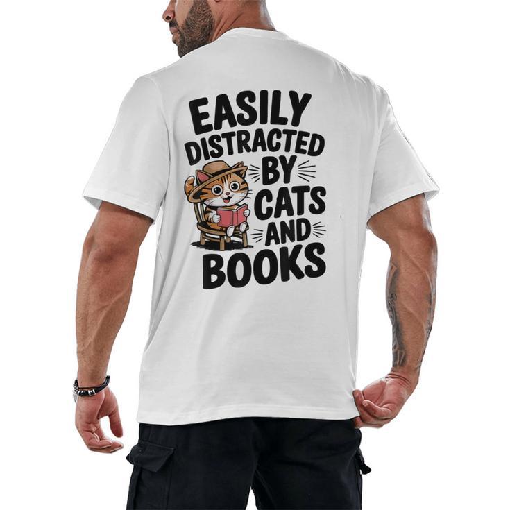 Easily Distracted By Cats And Books Lovers Reading Men's Back Print T-Shirt