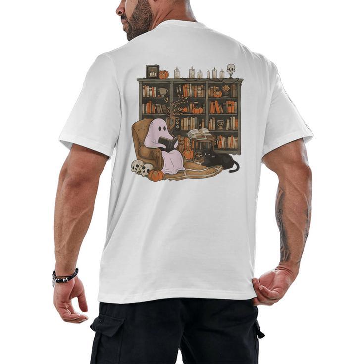 Ghost Reading Book Cat Lover Halloween Reading Enthusiast Men's Back Print T-Shirt