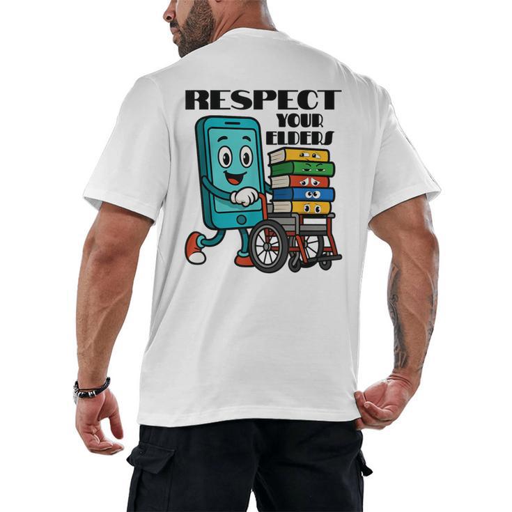 Respect Elders Cellphone Pushing Books In a Wheelchair Men's Back Print T-Shirt