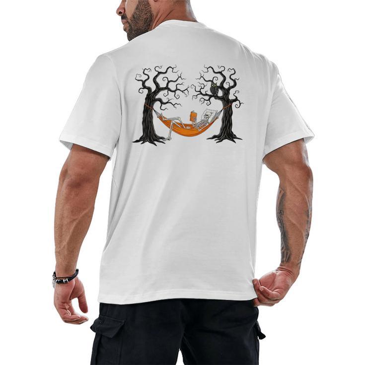 Skeleton Reading Book In Hammock Halloween Reader Men's Back Print T-Shirt