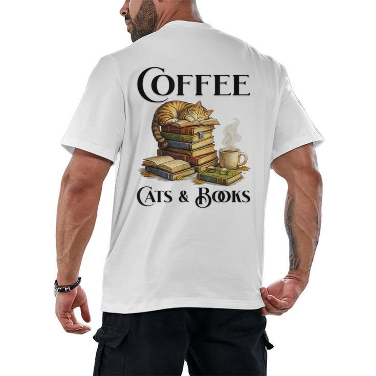 Sleeping Cat And Books With Coffee Lover Men's Back Print T-Shirt