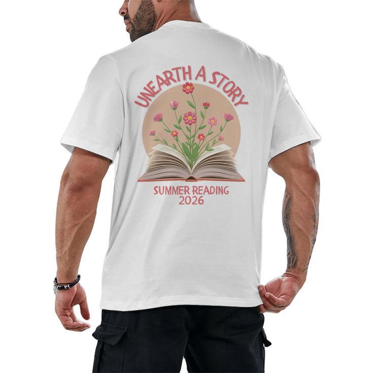 Unearth a Story 2026 Summer Reading Program Flowers Book Premium Tri-Blend Men's Back Print T-Shirt