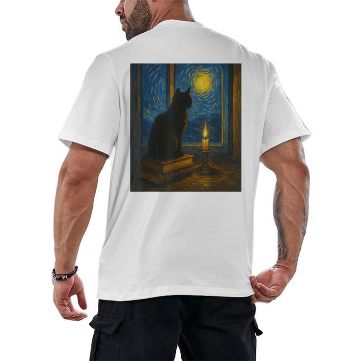Van Gogh Starry Night Art Cat And Book Lovers Men's Back Print T-Shirt