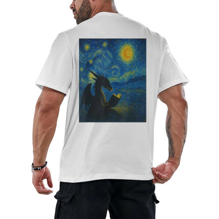 Van Gogh Starry Night Fantasy Reader Dragon Reading Book Men's Back Print T-Shirt