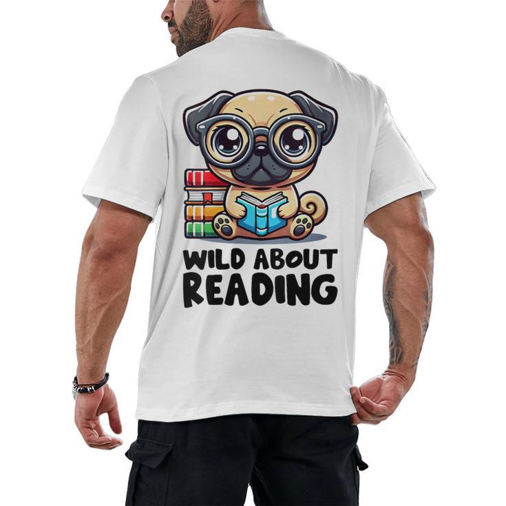 Wild About Reading Book Lover Pug Dog Men's Back Print T-Shirt