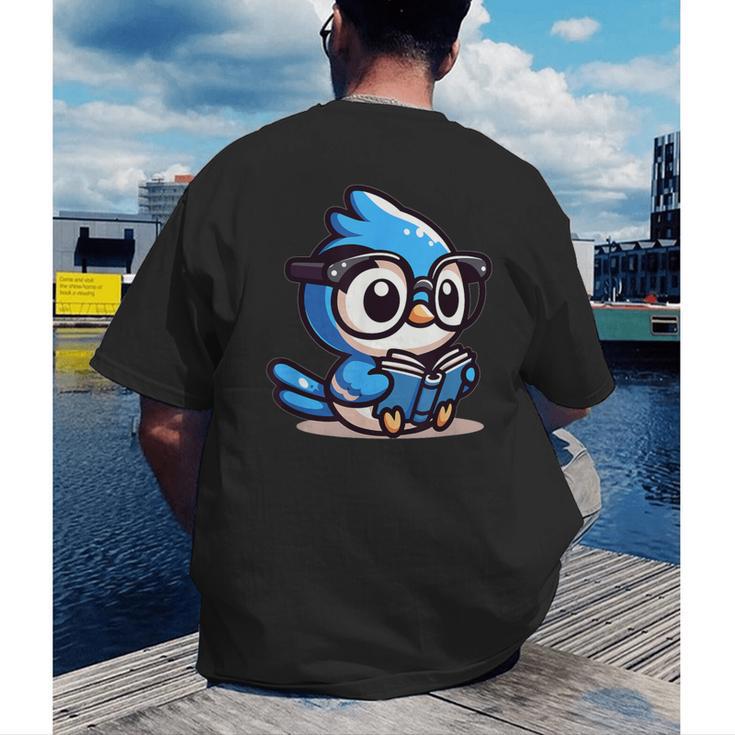 Adorable Book Lover Blue Jay With Reading Glasses Cute Men's Back Print T-Shirt