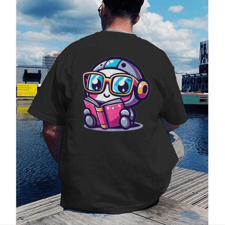 Adorable Book Lover Robot With Reading Glasses Cute Men's Back Print T-Shirt