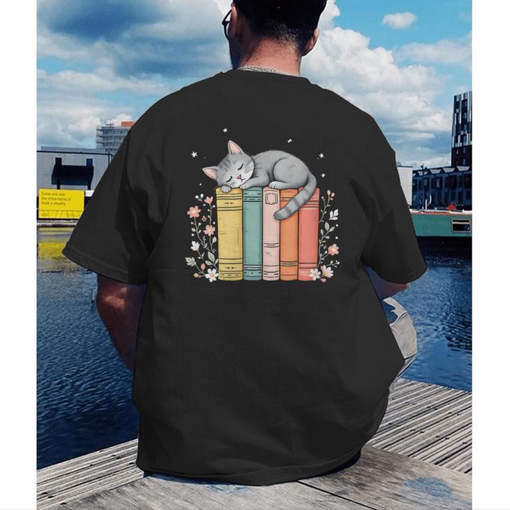 Books Lover Cute Sleepy Cat Relax Reading Vibe Men's Back Print T-Shirt Books Lover Cute Sleepy Cat Relax Reading Vibe Men's Back Print T-Shirt