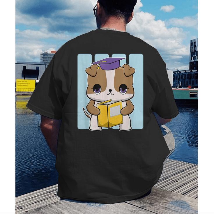 Bulldog Anime Pup Graduation Men's Back Print T-Shirt