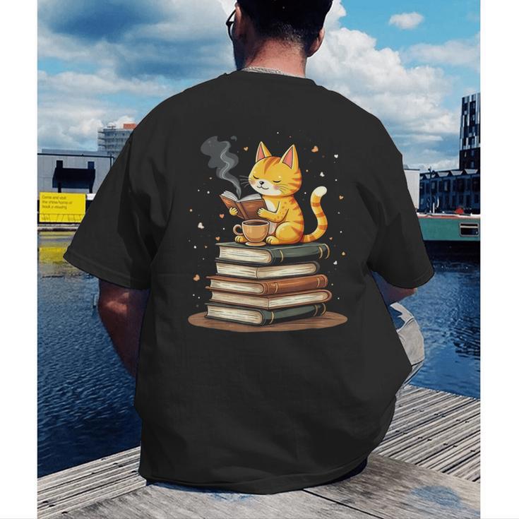 Cat Reading Books Men's Back Print T-Shirt