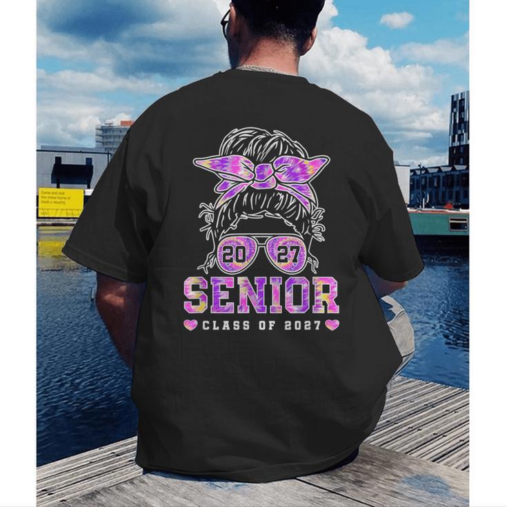 Class Of 2027 Senior Coquette Bow Messy Hair 26 Graduation Men's Back Print T-Shirt