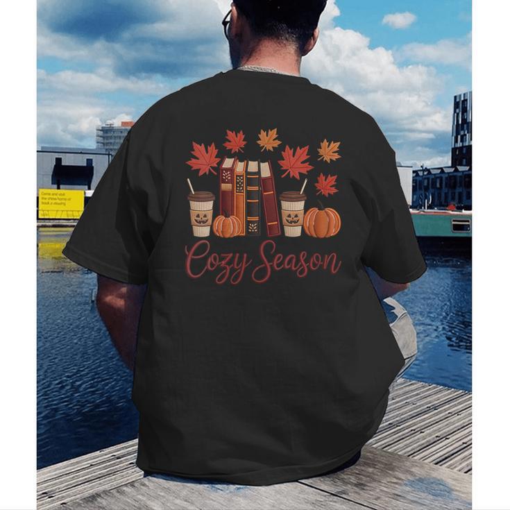 Cozy Season Autumn Leaves Books Pumpkins Fall Halloween Men's Back Print T-Shirt Cozy Season Autumn Leaves Books Pumpkins Fall Halloween Men's Back Print T-Shirt