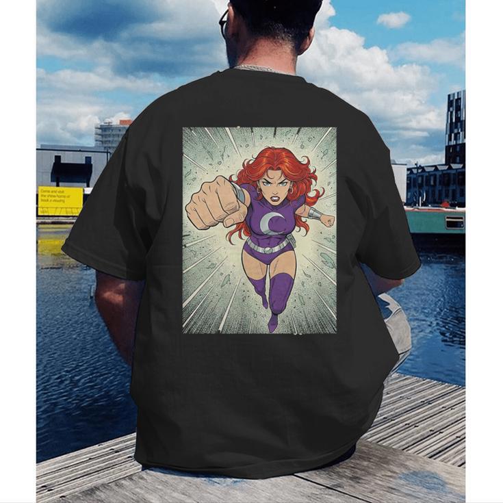 The Crimson Crescent 90s Retro Comic Book Superheroine Art Men's Back Print T-Shirt