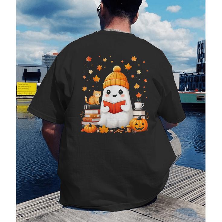 Cute Beanie Ghost Bookworm Cozy Book Reading Halloween Men's Back Print T-Shirt