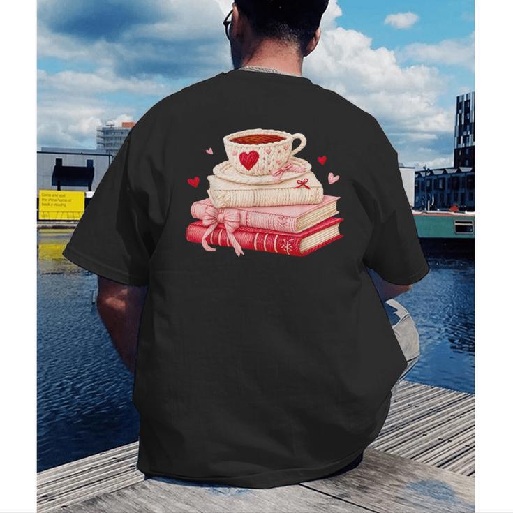 Cute Books And Coffee Crochet Valentines Day Tee For Couples Men's Back Print T-Shirt