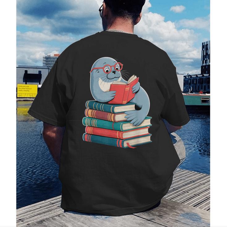 Cute Reading Seal On Books Book Lover Men's Back Print T-Shirt
