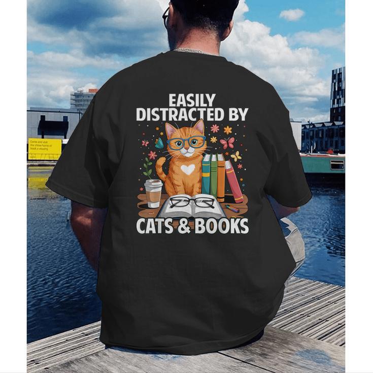 Easily Distracted By Cats And Books Book Lover Cat Men's Back Print T-Shirt Easily Distracted By Cats And Books Book Lover Cat Men's Back Print T-Shirt