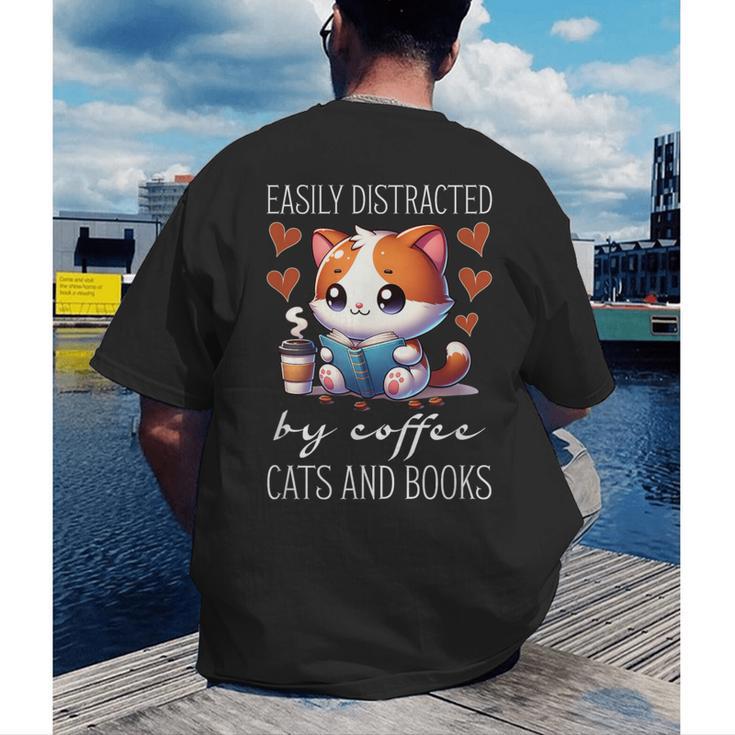Easily Distracted By Coffee Cats And Books Men's Back Print T-Shirt Easily Distracted By Coffee Cats And Books Men's Back Print T-Shirt