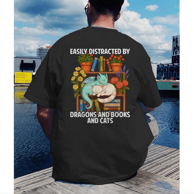 Easily Distracted By Dragons Books Cats Fantasy Book Lover Men's Back Print T-Shirt Easily Distracted By Dragons Books Cats Fantasy Book Lover Men's Back Print T-Shirt