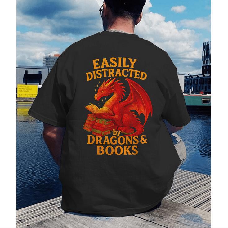 Easily Distracted By Dragons And Books Reading Men's Back Print T-Shirt Easily Distracted By Dragons And Books Reading Men's Back Print T-Shirt
