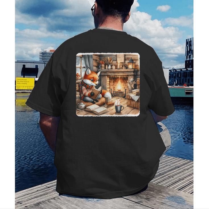 Fox Reads By Fireplace In Cabin Rustic Book Cozy Cup Tea Men's Back Print T-Shirt Fox Reads By Fireplace In Cabin Rustic Book Cozy Cup Tea Men's Back Print T-Shirt