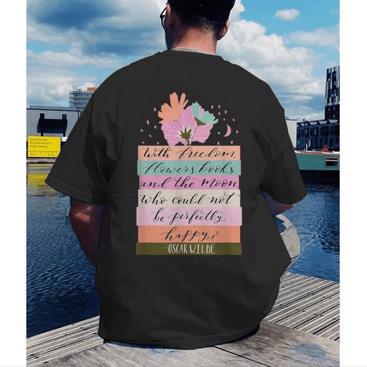 With Freedom Flowers Books And The Moon Men's Back Print T-Shirt With Freedom Flowers Books And The Moon Men's Back Print T-Shirt