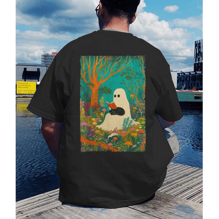 Groovy Ghost Reading Book Cat Halloween Ghost Teacher Men's Back Print T-Shirt Groovy Ghost Reading Book Cat Halloween Ghost Teacher Men's Back Print T-Shirt