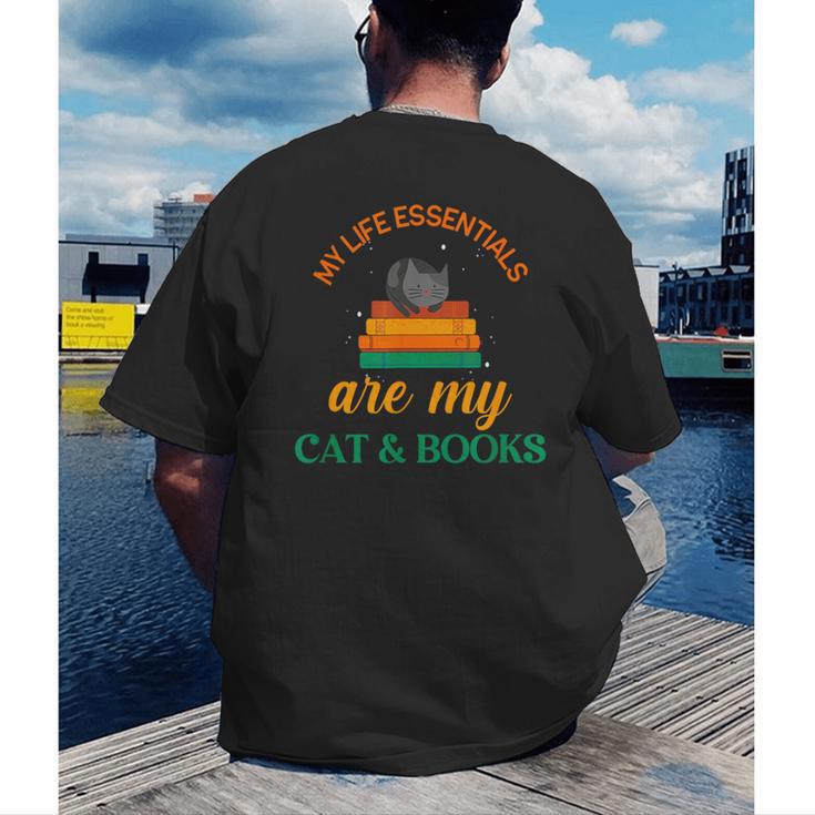 My Life Essentials Are Cat And Books Men's Back Print T-Shirt